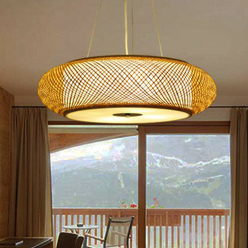 Rounded Drum Restaurant Chandelier Lighting Bamboo 3 Bulbs Minimalist Pendant Light in Wood Clearhalo 'Ceiling Lights' 'Chandeliers' Lighting' options 2248418