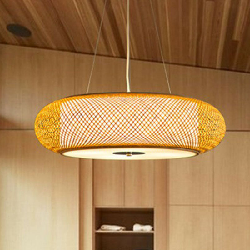 Rounded Drum Restaurant Chandelier Lighting Bamboo 3 Bulbs Minimalist Pendant Light in Wood Clearhalo 'Ceiling Lights' 'Chandeliers' Lighting' options 2248420