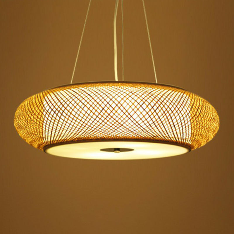 Rounded Drum Restaurant Chandelier Lighting Bamboo 3 Bulbs Minimalist Pendant Light in Wood Clearhalo 'Ceiling Lights' 'Chandeliers' Lighting' options 2248423