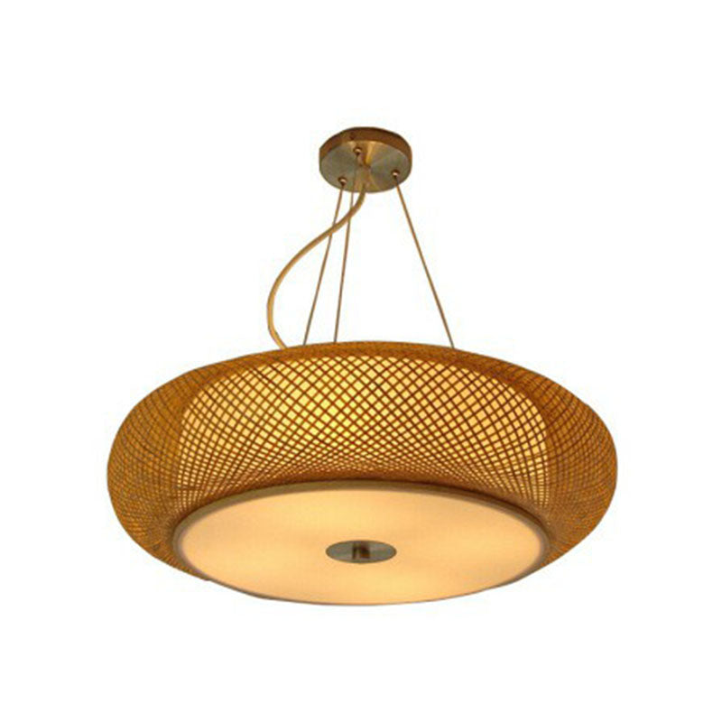 Rounded Drum Restaurant Chandelier Lighting Bamboo 3 Bulbs Minimalist Pendant Light in Wood Clearhalo 'Ceiling Lights' 'Chandeliers' Lighting' options 2248424