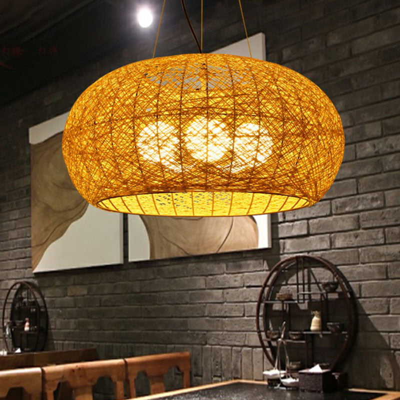 Rattan Curved Drum Ceiling Lighting South-east Asia 3 Heads Chandelier Light Fixture Clearhalo 'Ceiling Lights' 'Chandeliers' Lighting' options 2248426