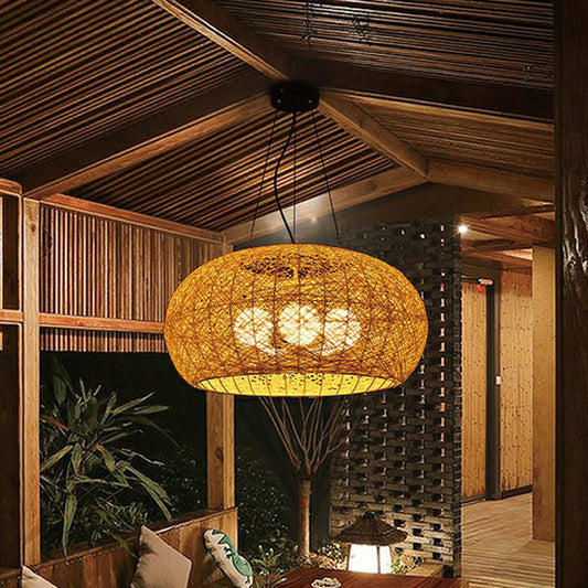 Rattan Curved Drum Ceiling Lighting South-east Asia 3 Heads Chandelier Light Fixture Clearhalo 'Ceiling Lights' 'Chandeliers' Lighting' options 2248427