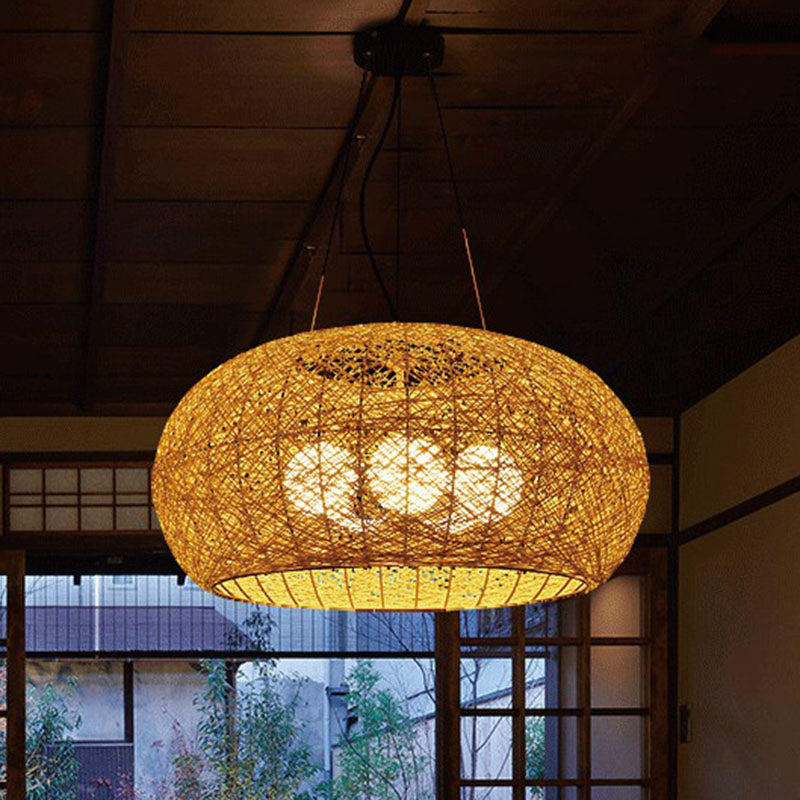 Rattan Curved Drum Ceiling Lighting South-east Asia 3 Heads Chandelier Light Fixture Clearhalo 'Ceiling Lights' 'Chandeliers' Lighting' options 2248429