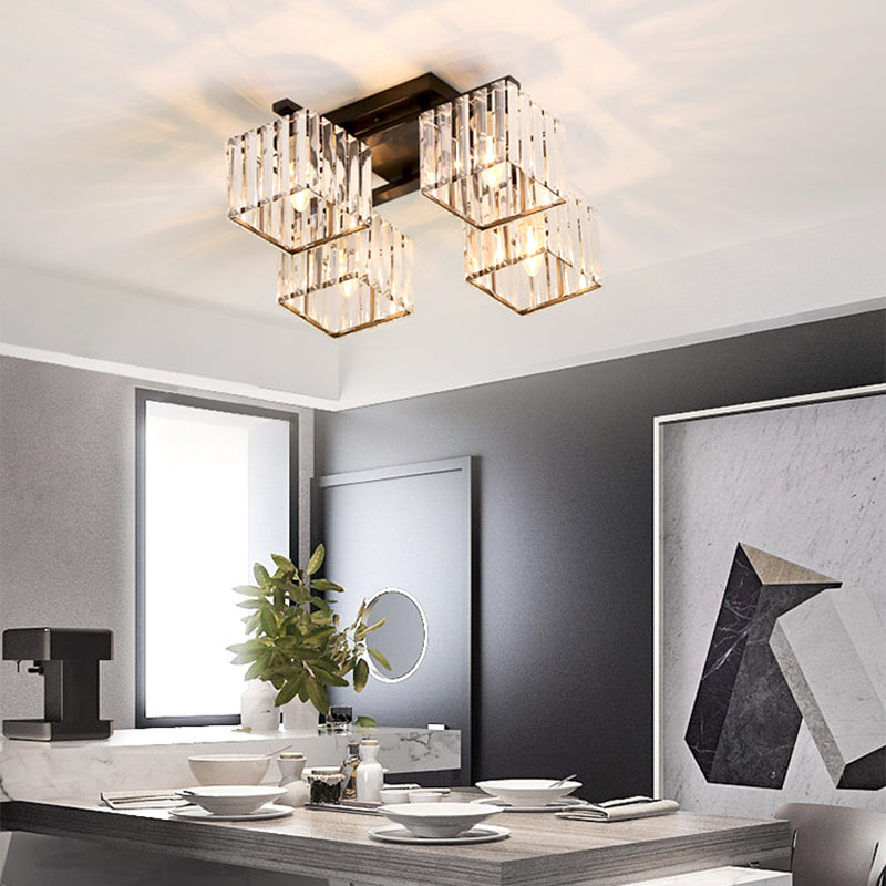 Black/Gold Cubic Living Room Flush Mount Lighting Modernist 4/6/8 Lights Crystal Ceiling Lighting 4 Black Clearhalo 'Ceiling Lights' 'Close To Ceiling Lights' 'Close to ceiling' 'Flush mount' Lighting' 224844