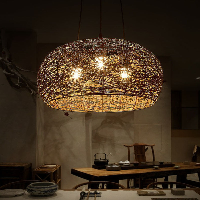 Dome Shade Restaurant Chandelier Light Rattan 3 Heads Chinese Pendant Light Fixture Clearhalo 'Ceiling Lights' 'Chandeliers' Lighting' options 2248441