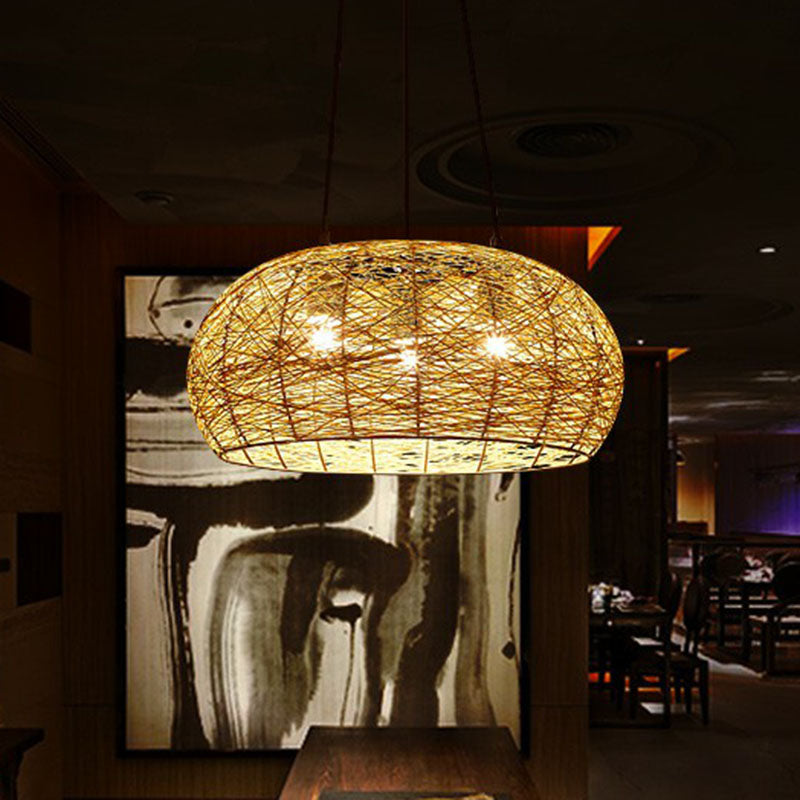 Dome Shade Restaurant Chandelier Light Rattan 3 Heads Chinese Pendant Light Fixture Clearhalo 'Ceiling Lights' 'Chandeliers' Lighting' options 2248443