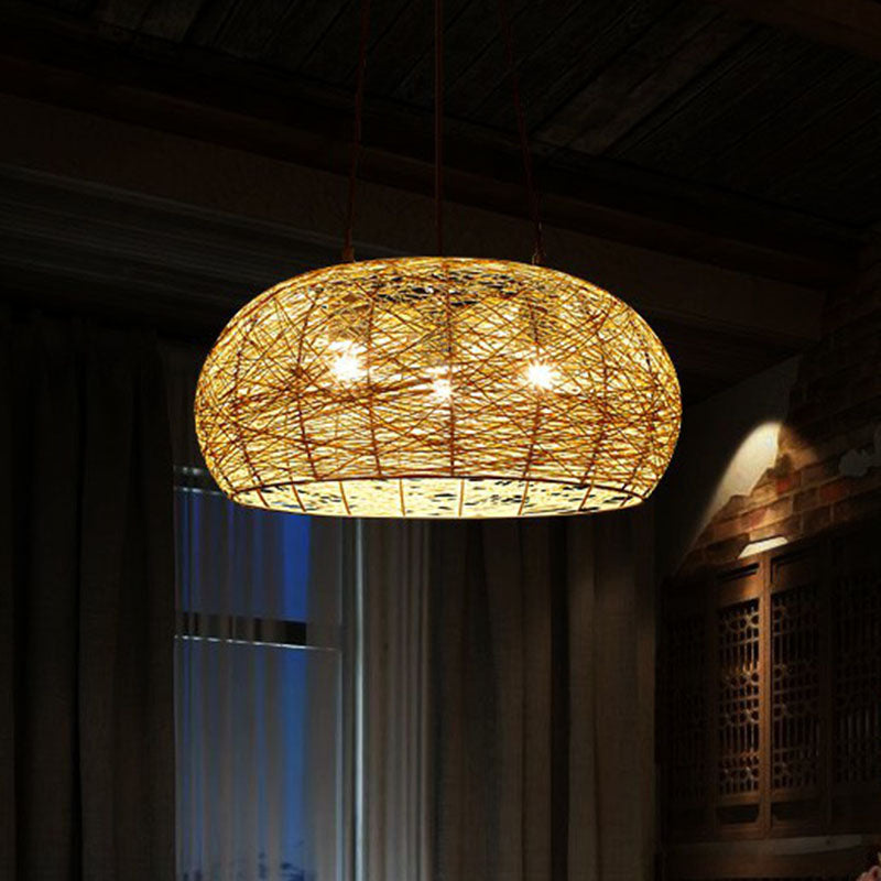 Dome Shade Restaurant Chandelier Light Rattan 3 Heads Chinese Pendant Light Fixture Clearhalo 'Ceiling Lights' 'Chandeliers' Lighting' options 2248444