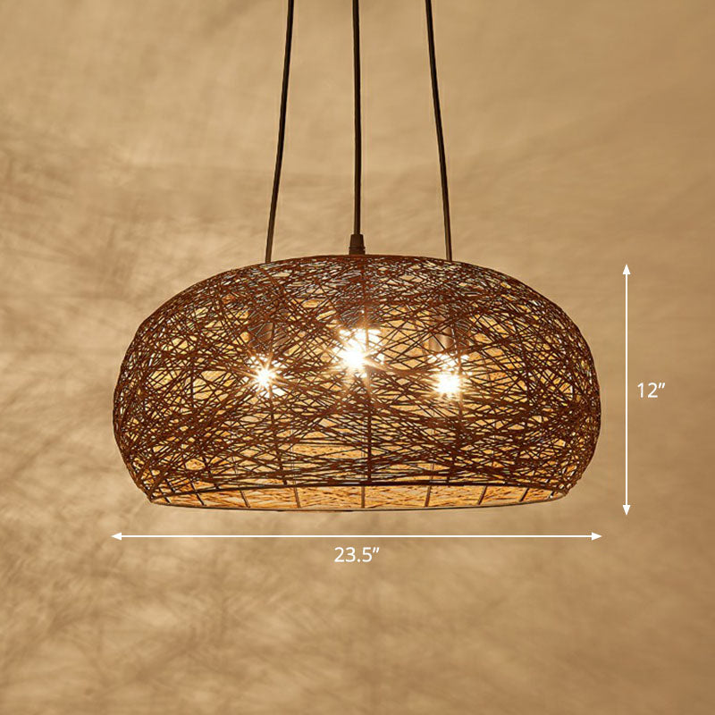 Dome Shade Restaurant Chandelier Light Rattan 3 Heads Chinese Pendant Light Fixture Clearhalo 'Ceiling Lights' 'Chandeliers' Lighting' options 2248447