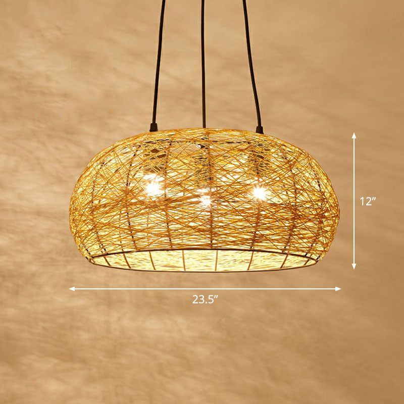 Dome Shade Restaurant Chandelier Light Rattan 3 Heads Chinese Pendant Light Fixture Clearhalo 'Ceiling Lights' 'Chandeliers' Lighting' options 2248449