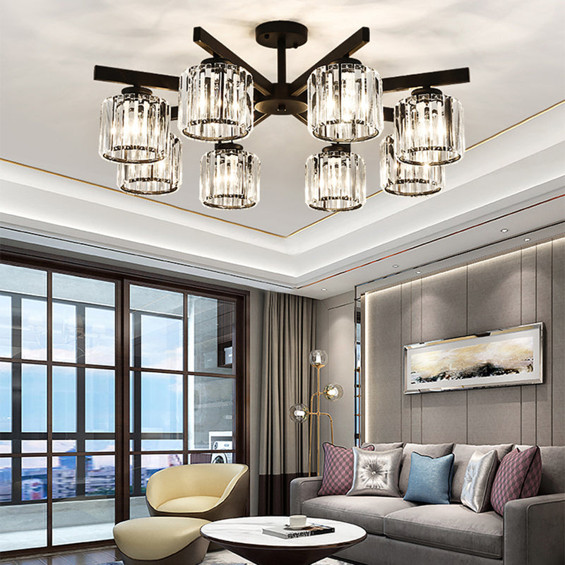 Cylindrical Crystal Semi Flush Light Modern 3/6/8-Head Black Ceiling Lamp for Living Room Clearhalo 'Ceiling Lights' 'Close To Ceiling Lights' 'Close to ceiling' 'Semi-flushmount' Lighting' 224847