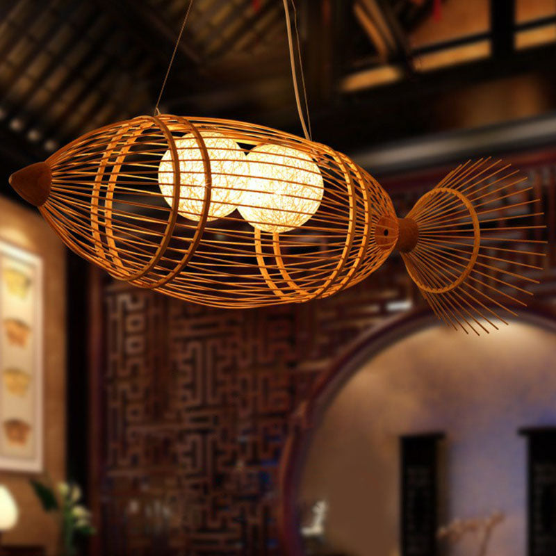 Wood Fish Chandelier Light Simplicity 2 Bulbs Bamboo Pendant Light Fixture for Restaurant Clearhalo 'Ceiling Lights' 'Chandeliers' Lighting' options 2248471