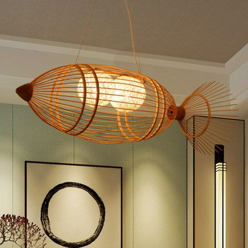 Wood Fish Chandelier Light Simplicity 2 Bulbs Bamboo Pendant Light Fixture for Restaurant Wood Clearhalo 'Ceiling Lights' 'Chandeliers' Lighting' options 2248472_46ba28fd-0fbf-4f8e-a4c8-0caf0e9c262c