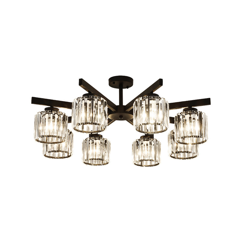 Cylindrical Crystal Semi Flush Light Modern 3/6/8-Head Black Ceiling Lamp for Living Room Clearhalo 'Ceiling Lights' 'Close To Ceiling Lights' 'Close to ceiling' 'Semi-flushmount' Lighting' 224848