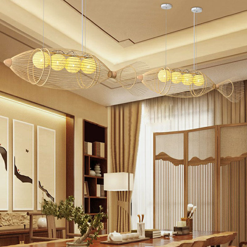 Contemporary Fish Chandelier Pendant Light Bamboo Tea Room Hanging Lighting in Wood Clearhalo 'Ceiling Lights' 'Chandeliers' Lighting' options 2248481