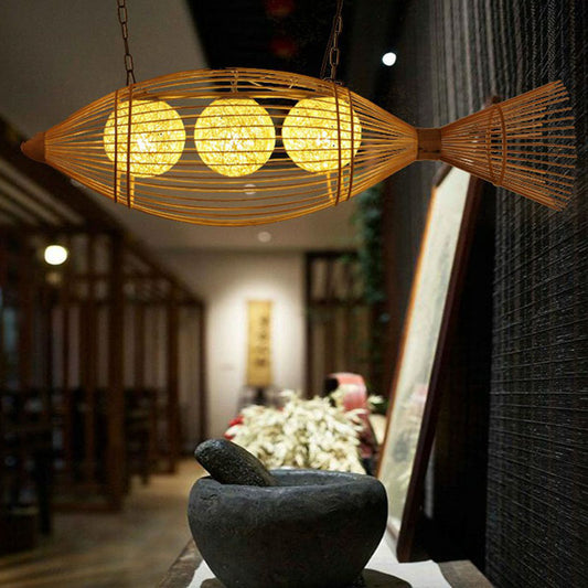 Handwoven Fish Asian Style Suspension Light Bamboo Restaurant Chandelier Light in Wood Clearhalo 'Ceiling Lights' 'Chandeliers' Lighting' options 2248484