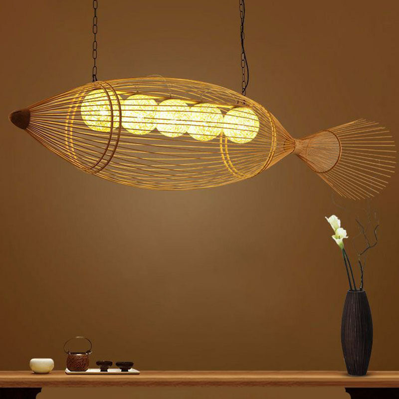 Handwoven Fish Asian Style Suspension Light Bamboo Restaurant Chandelier Light in Wood Clearhalo 'Ceiling Lights' 'Chandeliers' Lighting' options 2248485