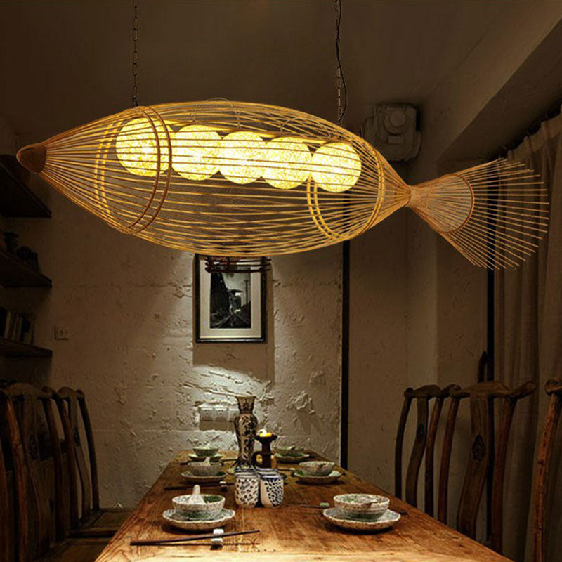 Handwoven Fish Asian Style Suspension Light Bamboo Restaurant Chandelier Light in Wood Clearhalo 'Ceiling Lights' 'Chandeliers' Lighting' options 2248486