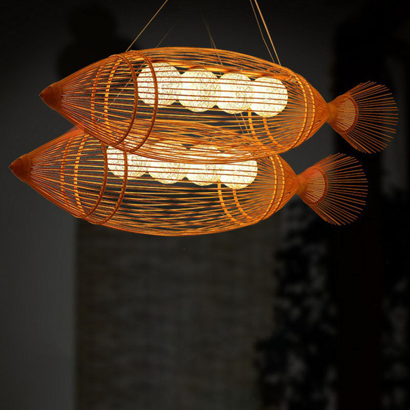 Handwoven Fish Asian Style Suspension Light Bamboo Restaurant Chandelier Light in Wood Clearhalo 'Ceiling Lights' 'Chandeliers' Lighting' options 2248487