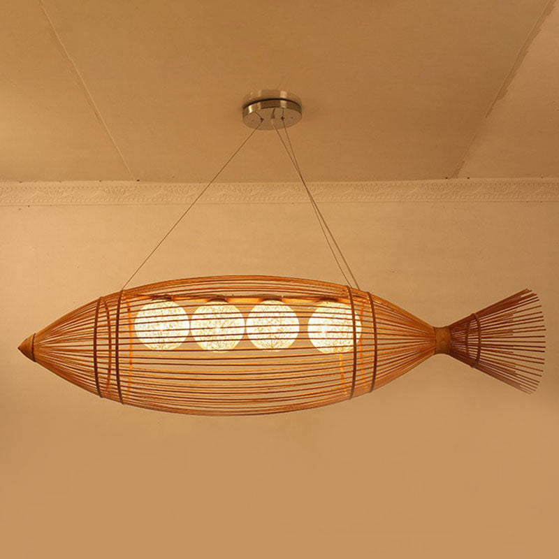 Handwoven Fish Asian Style Suspension Light Bamboo Restaurant Chandelier Light in Wood Clearhalo 'Ceiling Lights' 'Chandeliers' Lighting' options 2248488