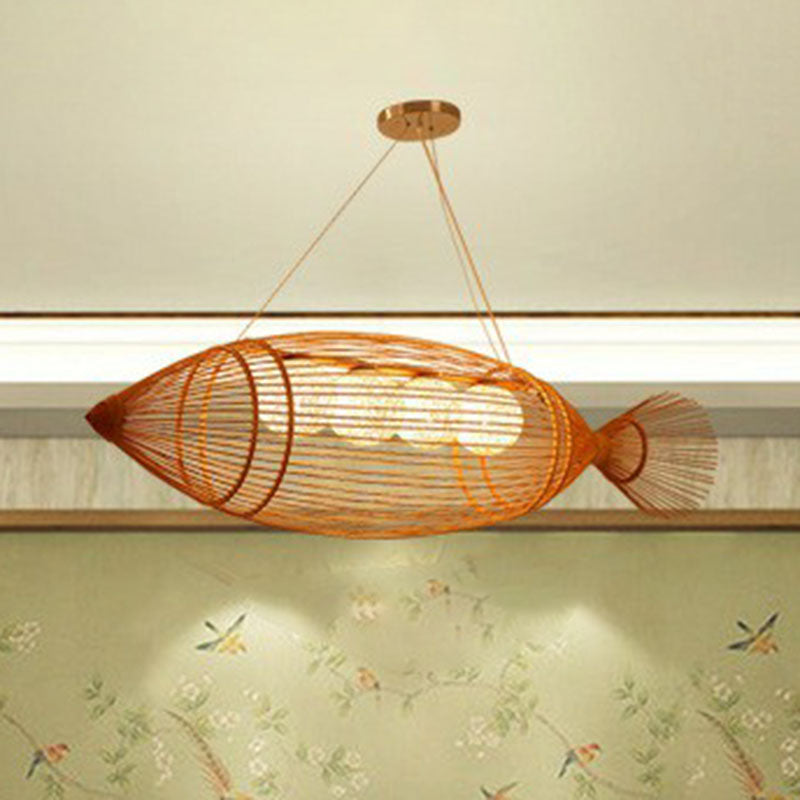 Handwoven Fish Asian Style Suspension Light Bamboo Restaurant Chandelier Light in Wood Clearhalo 'Ceiling Lights' 'Chandeliers' Lighting' options 2248489