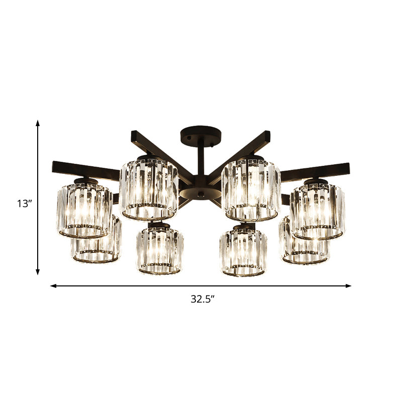 Cylindrical Crystal Semi Flush Light Modern 3/6/8-Head Black Ceiling Lamp for Living Room Clearhalo 'Ceiling Lights' 'Close To Ceiling Lights' 'Close to ceiling' 'Semi-flushmount' Lighting' 224849