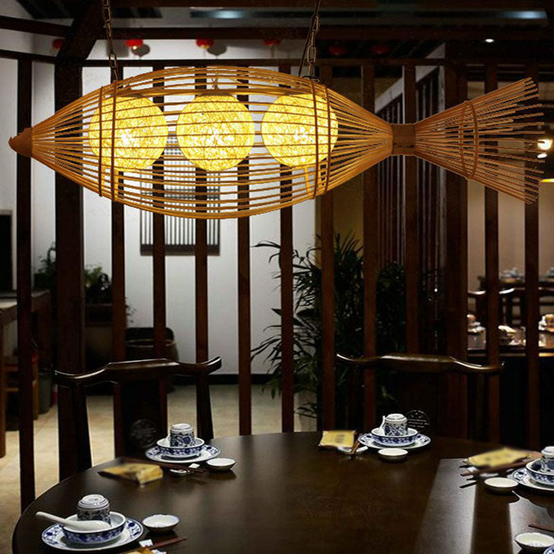 Handwoven Fish Asian Style Suspension Light Bamboo Restaurant Chandelier Light in Wood Clearhalo 'Ceiling Lights' 'Chandeliers' Lighting' options 2248490