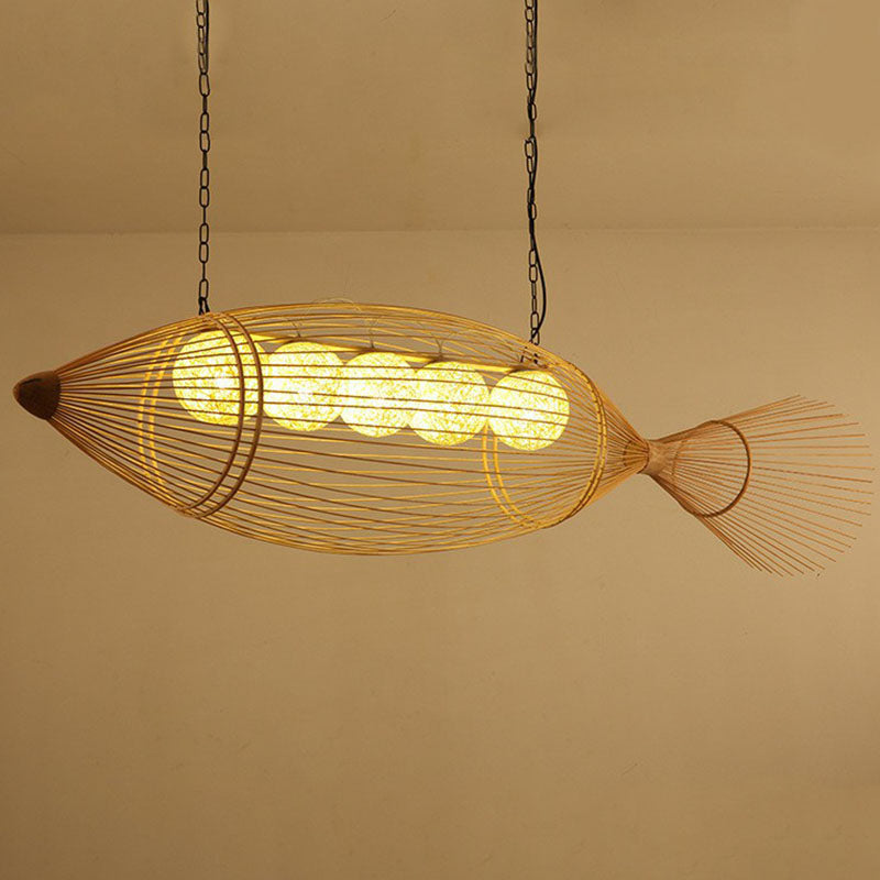 Handwoven Fish Asian Style Suspension Light Bamboo Restaurant Chandelier Light in Wood Clearhalo 'Ceiling Lights' 'Chandeliers' Lighting' options 2248491