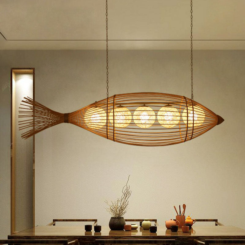 Handcrafted Fish Tea Room Chandelier Lighting Bamboo Minimalist Pendant Light in Wood Clearhalo 'Ceiling Lights' 'Chandeliers' Lighting' options 2248493