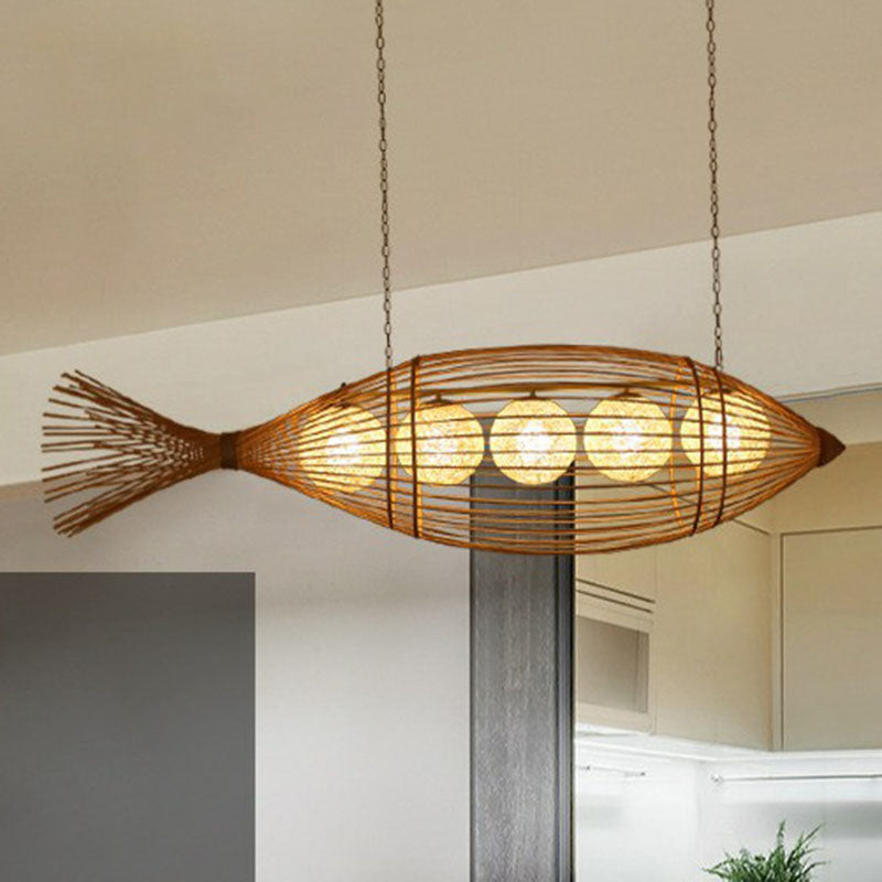 Handcrafted Fish Tea Room Chandelier Lighting Bamboo Minimalist Pendant Light in Wood Clearhalo 'Ceiling Lights' 'Chandeliers' Lighting' options 2248495