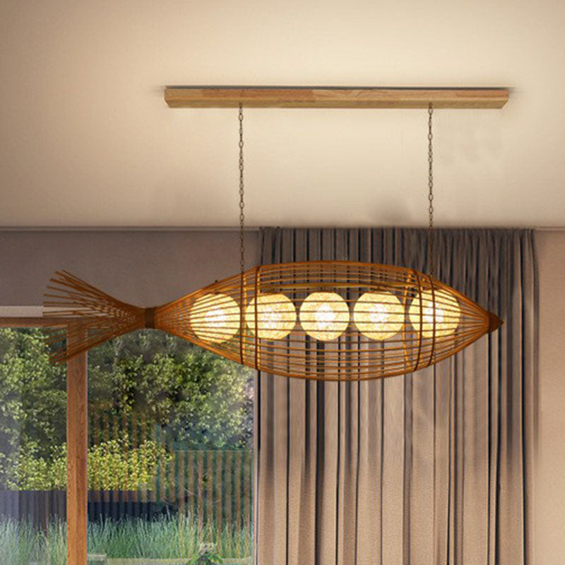 Handcrafted Fish Tea Room Chandelier Lighting Bamboo Minimalist Pendant Light in Wood Clearhalo 'Ceiling Lights' 'Chandeliers' Lighting' options 2248496