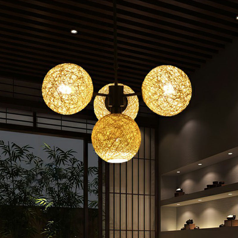 Sphere Rattan Chandelier Pendant Light Contemporary 4 Heads Flaxen Hanging Light Fixture Clearhalo 'Ceiling Lights' 'Chandeliers' Lighting' options 2248508