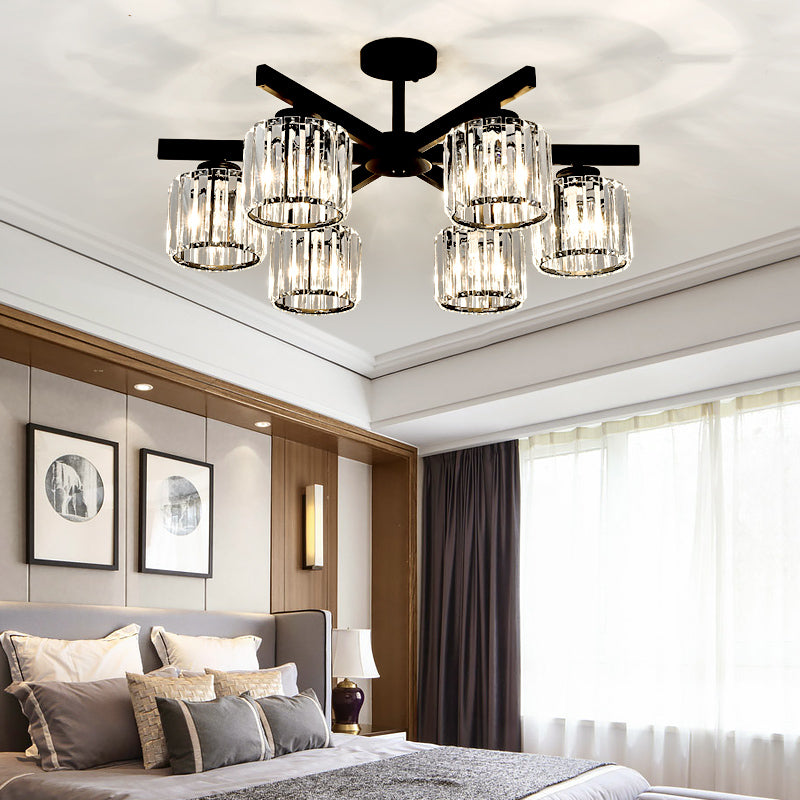 Cylindrical Crystal Semi Flush Light Modern 3/6/8-Head Black Ceiling Lamp for Living Room 6 Black Clearhalo 'Ceiling Lights' 'Close To Ceiling Lights' 'Close to ceiling' 'Semi-flushmount' Lighting' 224851