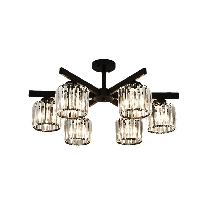 Cylindrical Crystal Semi Flush Light Modern 3/6/8-Head Black Ceiling Lamp for Living Room Clearhalo 'Ceiling Lights' 'Close To Ceiling Lights' 'Close to ceiling' 'Semi-flushmount' Lighting' 224853