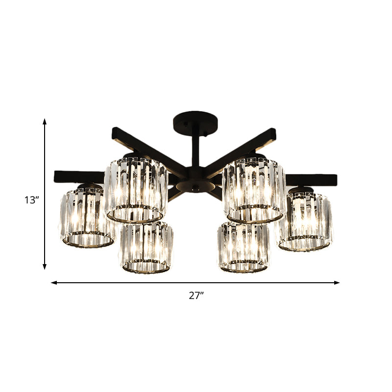 Cylindrical Crystal Semi Flush Light Modern 3/6/8-Head Black Ceiling Lamp for Living Room Clearhalo 'Ceiling Lights' 'Close To Ceiling Lights' 'Close to ceiling' 'Semi-flushmount' Lighting' 224854