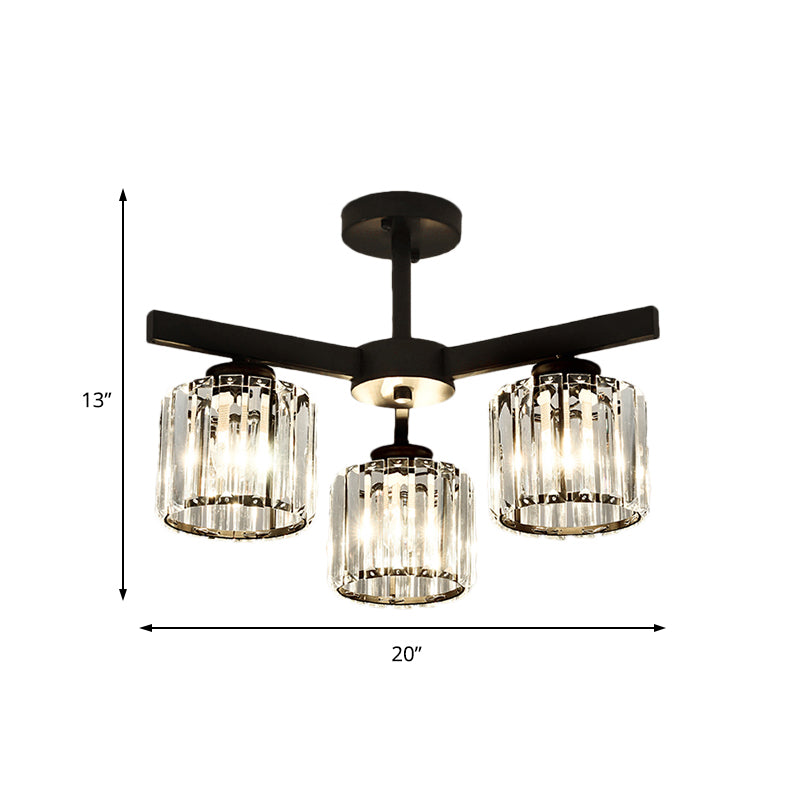 Cylindrical Crystal Semi Flush Light Modern 3/6/8-Head Black Ceiling Lamp for Living Room Clearhalo 'Ceiling Lights' 'Close To Ceiling Lights' 'Close to ceiling' 'Semi-flushmount' Lighting' 224858