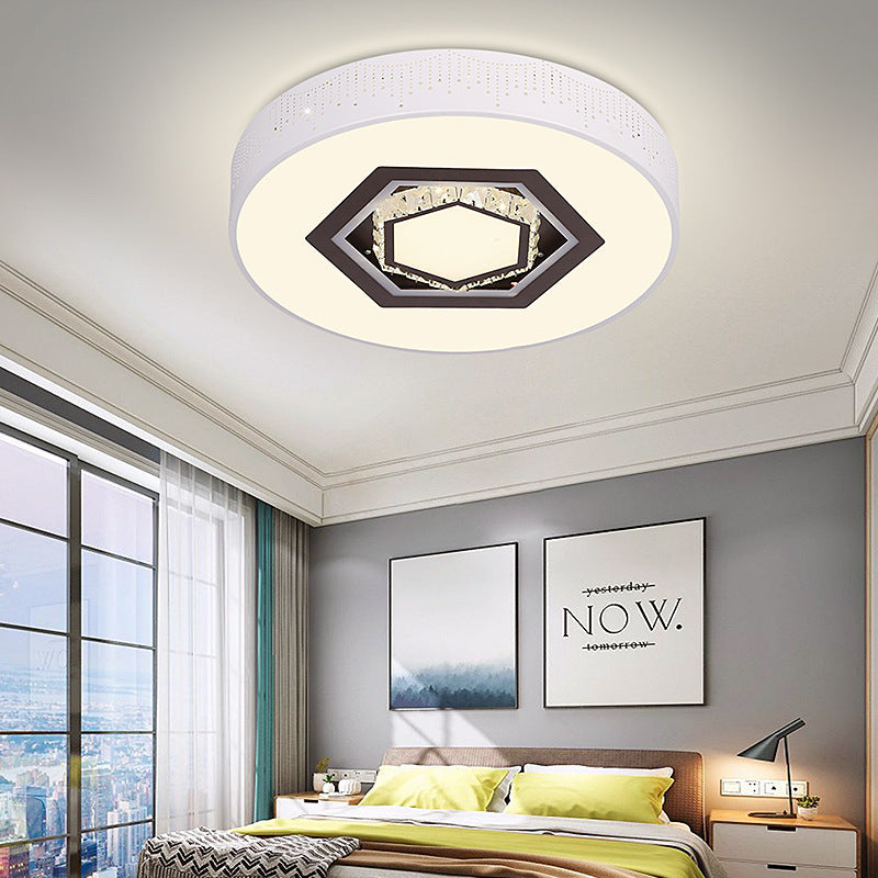 Simple Round Acrylic Flush Lamp LED White Bedroom Ceiling Mounted Light with Crystal Drops and Square/Hexagonal/Heart Pattern White Hexagon Clearhalo 'Ceiling Lights' 'Close To Ceiling Lights' 'Close to ceiling' 'Flush mount' Lighting' 224914