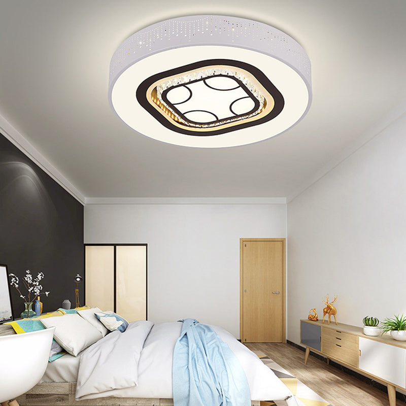 Simple Round Acrylic Flush Lamp LED White Bedroom Ceiling Mounted Light with Crystal Drops and Square/Hexagonal/Heart Pattern White Square Clearhalo 'Ceiling Lights' 'Close To Ceiling Lights' 'Close to ceiling' 'Flush mount' Lighting' 224916