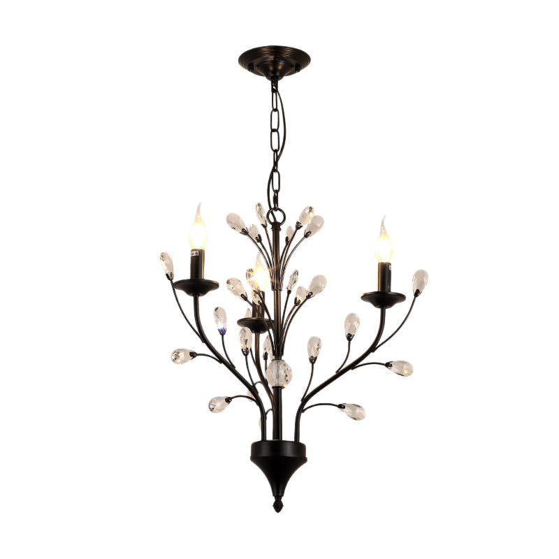 3/6/9 Lights Dining Room Chandelier Lamp Modern Black Floral Iron Pendant Light with Crystal Draping Clearhalo 'Ceiling Lights' 'Chandeliers' 'Modern Chandeliers' 'Modern' Lighting' 225034