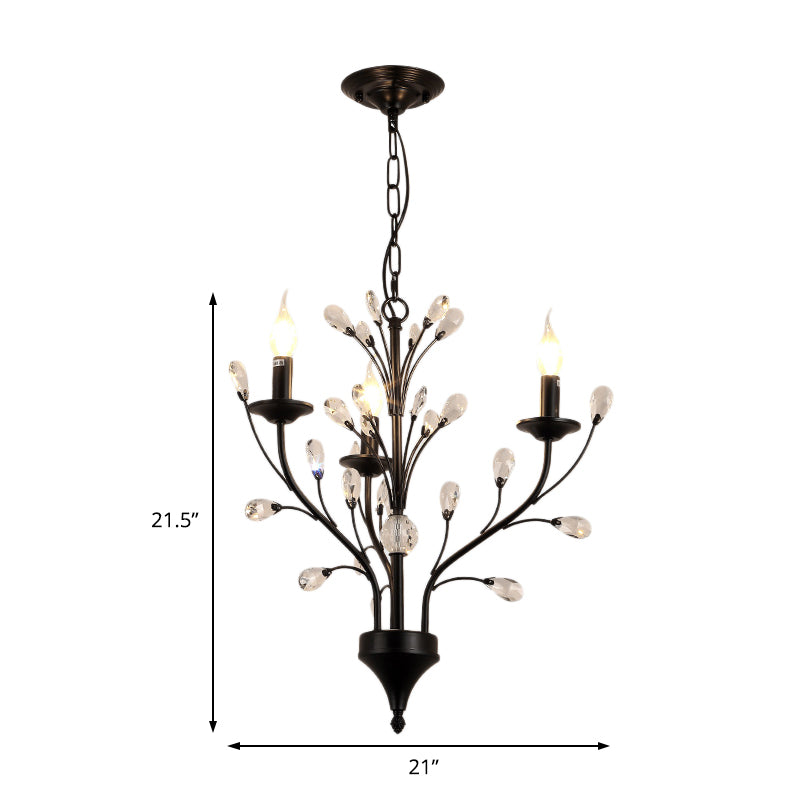 3/6/9 Lights Dining Room Chandelier Lamp Modern Black Floral Iron Pendant Light with Crystal Draping Clearhalo 'Ceiling Lights' 'Chandeliers' 'Modern Chandeliers' 'Modern' Lighting' 225035