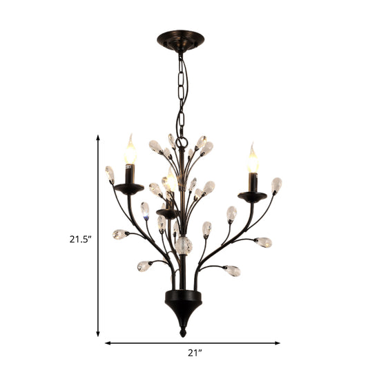 3/6/9 Lights Dining Room Chandelier Lamp Modern Black Floral Iron Pendant Light with Crystal Draping Clearhalo 'Ceiling Lights' 'Chandeliers' 'Modern Chandeliers' 'Modern' Lighting' 225035
