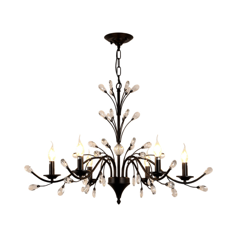 3/6/9 Lights Dining Room Chandelier Lamp Modern Black Floral Iron Pendant Light with Crystal Draping Clearhalo 'Ceiling Lights' 'Chandeliers' 'Modern Chandeliers' 'Modern' Lighting' 225038