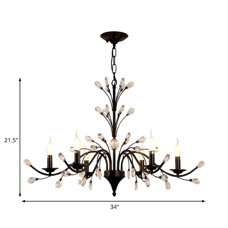 3/6/9 Lights Dining Room Chandelier Lamp Modern Black Floral Iron Pendant Light with Crystal Draping Clearhalo 'Ceiling Lights' 'Chandeliers' 'Modern Chandeliers' 'Modern' Lighting' 225039