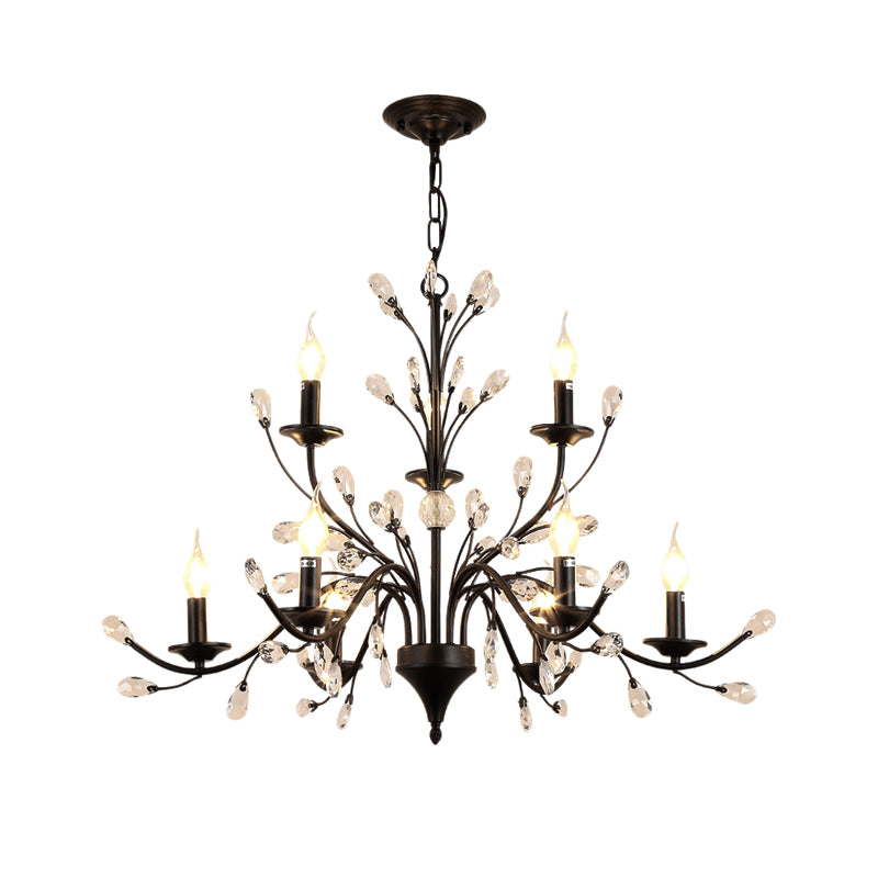 3/6/9 Lights Dining Room Chandelier Lamp Modern Black Floral Iron Pendant Light with Crystal Draping Clearhalo 'Ceiling Lights' 'Chandeliers' 'Modern Chandeliers' 'Modern' Lighting' 225042