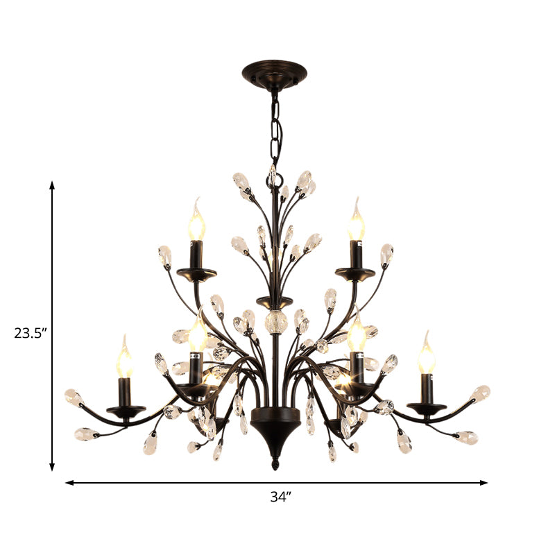 3/6/9 Lights Dining Room Chandelier Lamp Modern Black Floral Iron Pendant Light with Crystal Draping Clearhalo 'Ceiling Lights' 'Chandeliers' 'Modern Chandeliers' 'Modern' Lighting' 225043
