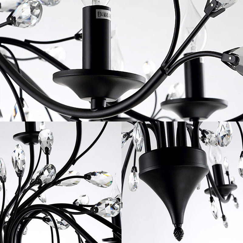 3/6/9 Lights Dining Room Chandelier Lamp Modern Black Floral Iron Pendant Light with Crystal Draping Clearhalo 'Ceiling Lights' 'Chandeliers' 'Modern Chandeliers' 'Modern' Lighting' 225044
