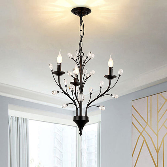 3/6/9 Lights Dining Room Chandelier Lamp Modern Black Floral Iron Pendant Light with Crystal Draping Clearhalo 'Ceiling Lights' 'Chandeliers' 'Modern Chandeliers' 'Modern' Lighting' 225045