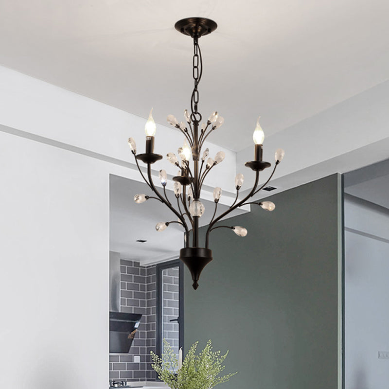 3/6/9 Lights Dining Room Chandelier Lamp Modern Black Floral Iron Pendant Light with Crystal Draping 3 Black Clearhalo 'Ceiling Lights' 'Chandeliers' 'Modern Chandeliers' 'Modern' Lighting' 225046