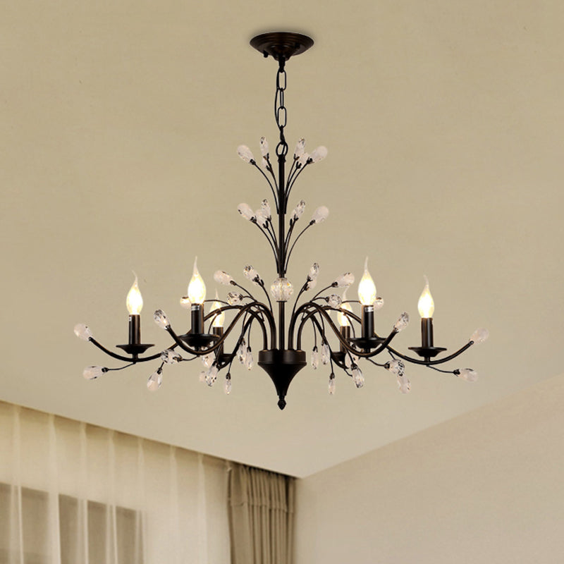 3/6/9 Lights Dining Room Chandelier Lamp Modern Black Floral Iron Pendant Light with Crystal Draping 6 Black Clearhalo 'Ceiling Lights' 'Chandeliers' 'Modern Chandeliers' 'Modern' Lighting' 225047