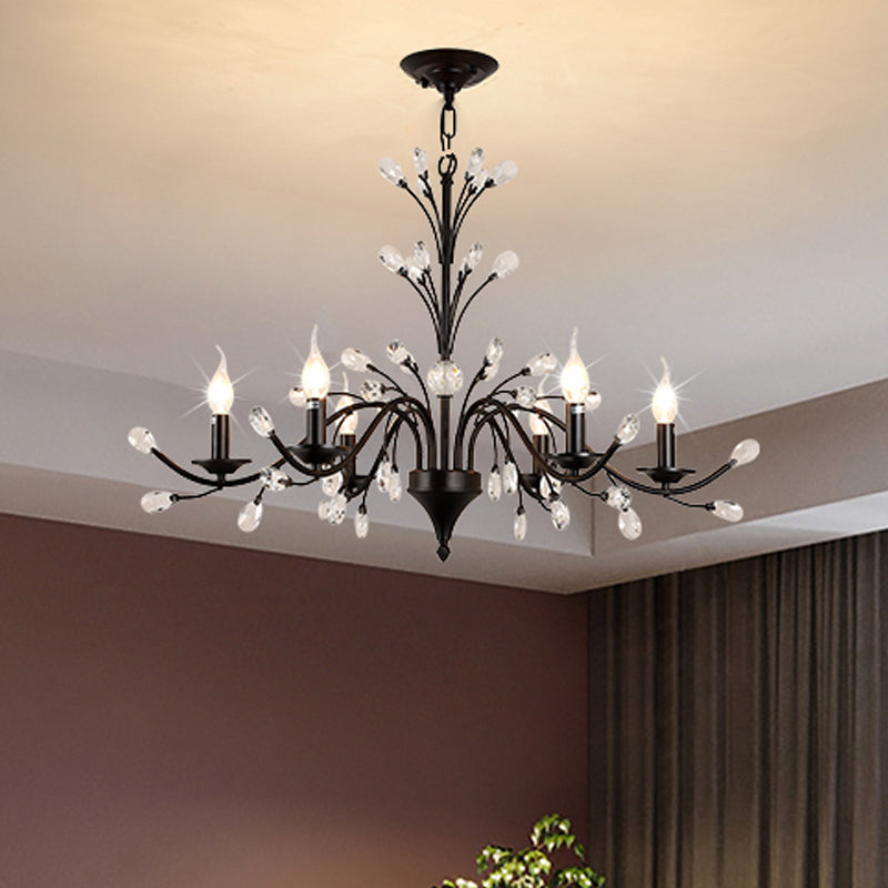 3/6/9 Lights Dining Room Chandelier Lamp Modern Black Floral Iron Pendant Light with Crystal Draping Clearhalo 'Ceiling Lights' 'Chandeliers' 'Modern Chandeliers' 'Modern' Lighting' 225048