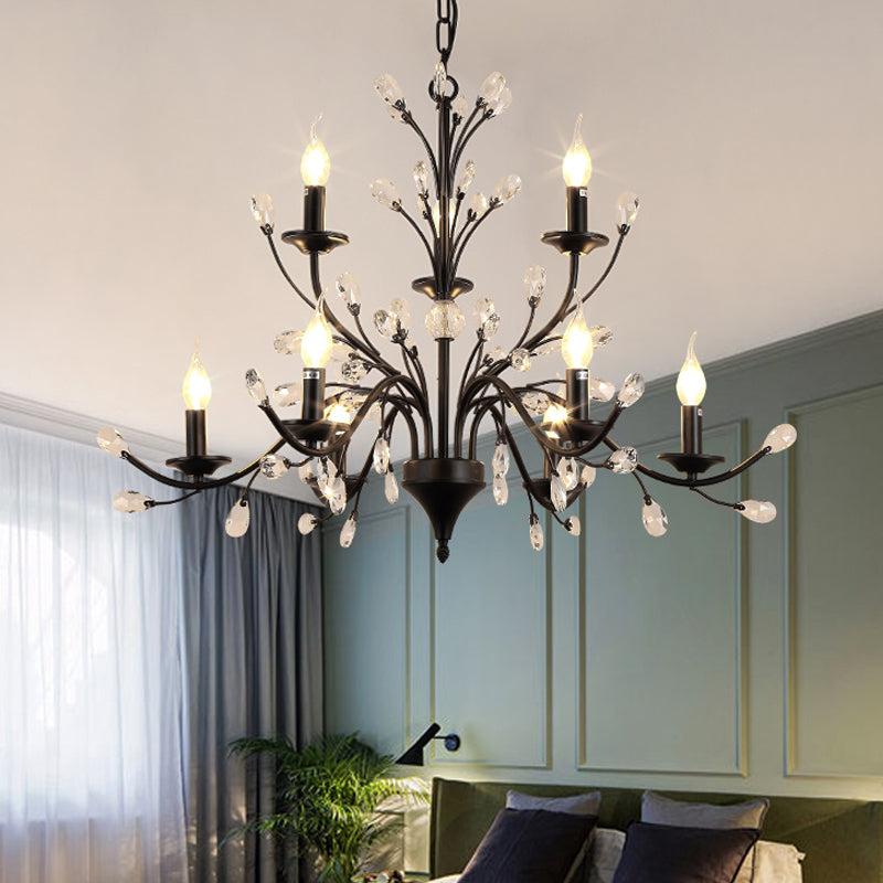 3/6/9 Lights Dining Room Chandelier Lamp Modern Black Floral Iron Pendant Light with Crystal Draping 9 Black Clearhalo 'Ceiling Lights' 'Chandeliers' 'Modern Chandeliers' 'Modern' Lighting' 225049